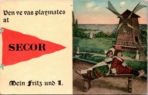 Vtg 1910s Ven Ve Vas Playmates at Secor Dutch Boy Girl Windmill Pennant Postcard