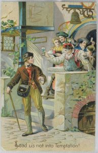 Lead Us Not Into Temptation Man Being Offered Drink - Posted Vintage Postcard