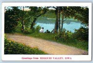 Missouri Valley Iowa IA Postcard Greetings Lake Boat Men Sitting 1935 Antique