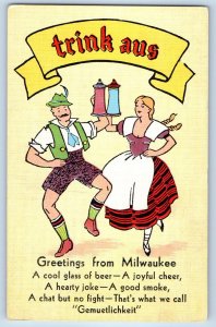 c1940's Greetings From Milwaukee Couple Dancing With Glass Of Bear Postcard