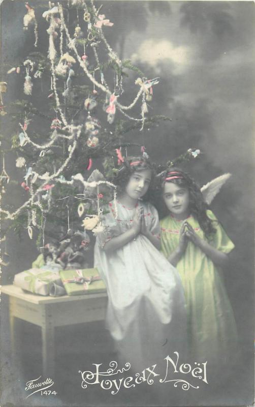 Chrismas tree angel girls pray old photo postcard