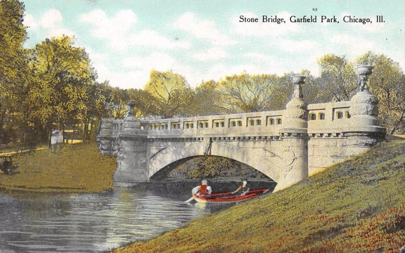 CHICAGO, IL Illinois   GARFIELD PARK~Boat Under STONE BRIDGE   c1910's Postcard