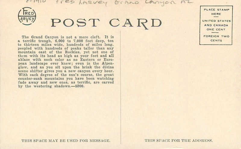 Postcard Arizona Grand Canyon C-1910 Fred Harvey 23-7896