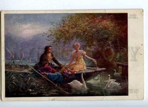 188070 Lovers in Boat SWANS by Hans ZATZKA Vintage color PC