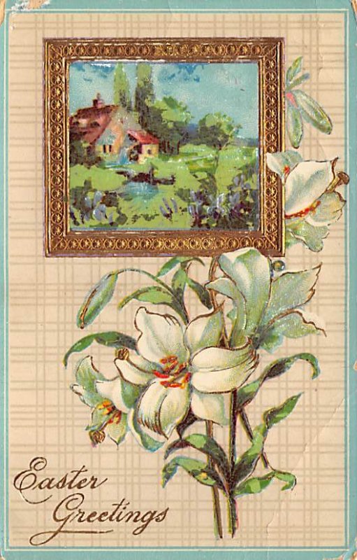 Easter greetings Picture of a house with flowers D.P.O. , Discontinued Post O...