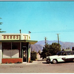 c1950s Calimesa, CA Downtown Drug Store Chrome Photo Postcard Plymouth Car A89