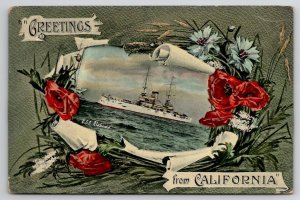 USS Alabama At Sea Floral Border Greetings From California Postcard G46