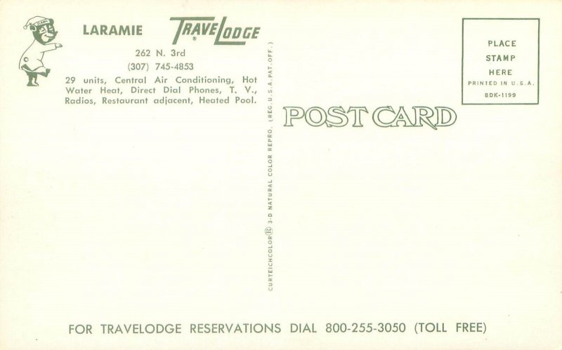 Laramie Wyoming Travel Lodge, Sleepy Bear Sign  262 N 3rd Red Car Postcard Used