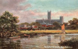 The Historic Cathedral From Stour Canterbury Meadows Kent Vintage Postcard