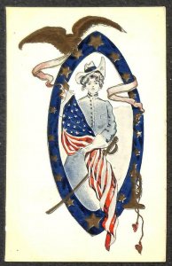 WESTERN COWGIRL FLAG SWORD EAGLE PATRIOTIC EMBOSSED POSTCARD (c. 1905)