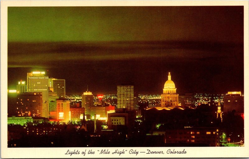 Lights Mile High City Denver Colorado CO Panorama Night View Downtown Postcard  