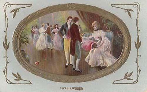 Victorian Rival Lovers Quarrel Fight Over Lady + Peace Maker Antique Postcard