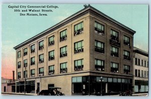 c1910 Capital City Commercial College Bldg. Classic Car Des Moines Iowa Postcard