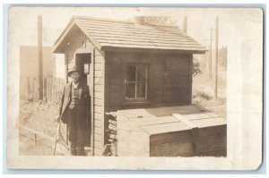 1912 Man Cabin Log House Shack Belle Plaine Iowa IA RPPC Photo Antique Postcard