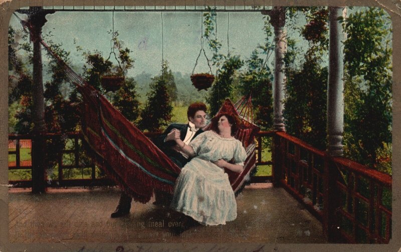 Lovers Couple Cuddle In The Hammock Sweet Romance Vintage Postcard 1911