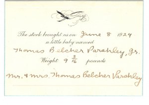 Baby Birth Announcement 1924, Thomas Paraley Jr, In Mailing Envelope