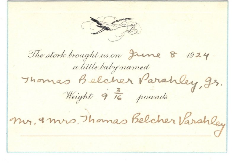 Baby Birth Announcement 1924, Thomas Paraley Jr, In Mailing Envelope