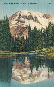 USA Fairy Lake and Mt. Rainier Washington Linen Postcard 07.59