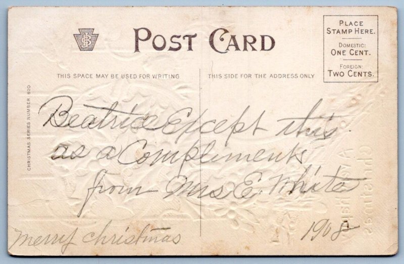 1908 A VERY HAPPY CHRISTMAS HOLLY WINDMILLS EMBOSSED JULIUS BIEN CO POSTCARD