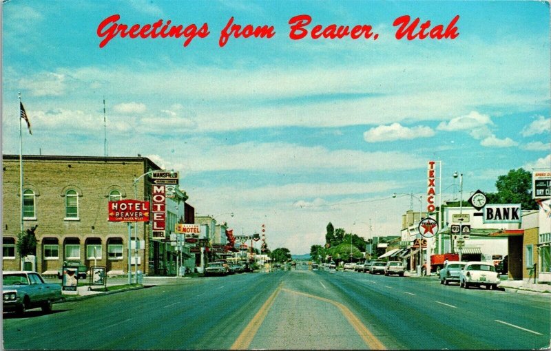 Vtg Beaver Utah UT Street View Old Cars Texaco Hotel Motel Bank Postcard