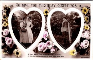 RPPC, Hearts~Flowers BIRTHDAY GREETINGS Women~Man ca1920's Rotary Photo Postcard