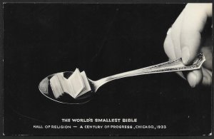 Book in Spoon The Worlds Smallest Bible Chicago Worlds Fair RPPC Unused c1933