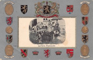 Belgium 1907 Flemish Milk Maid Seller Dog Cart Coat of Arm Emboss postcard B913