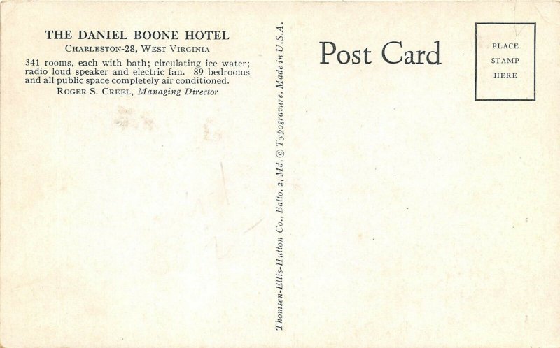 Charleston West Virginia 1940s Postcard The Daniel Boone Hotel