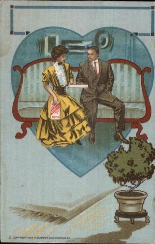 Art Deco Romance - Couple on Couch Bons Candies Chocolates c1910 Postcard