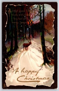 M Morris Christmas~Stag On Snowy Hill~Ragged Edge~TUCK~c1910 Vintage Postcard