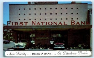 ST. PETERSBURG, FL ~ Auto Facility FIRST NATIONAL BANK Drive In 1950s Postcard