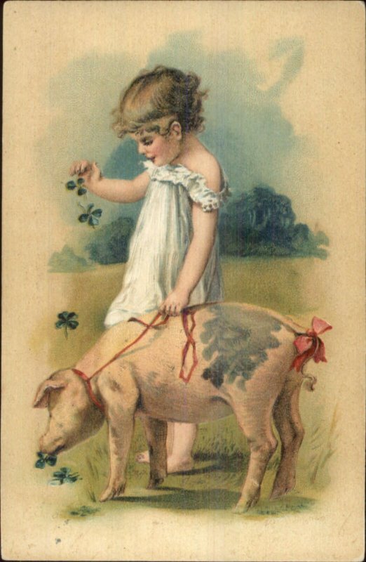 PFB Little Girl Clovers & Pig on Leash c1910 Postcard