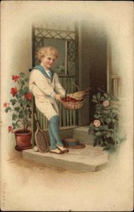 Cute Little Boy with Bird in Basket c1910 Vintage Postcard