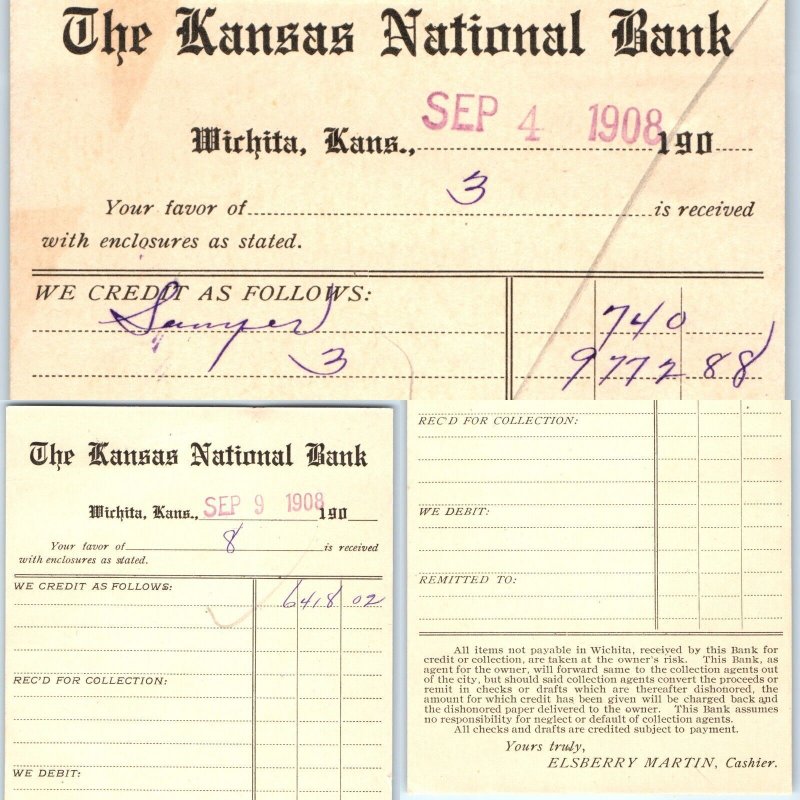 x3 LOT Sept 1908 Wichita, KS Kansas National Bank Invoice Receipt Postcards A153