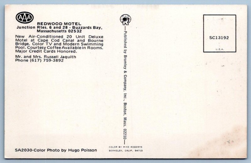 1960-70's REDWOOD MOTEL BUZZARD'S BAY MA MR MRS RUSSELL JAQUITH POSTCARD