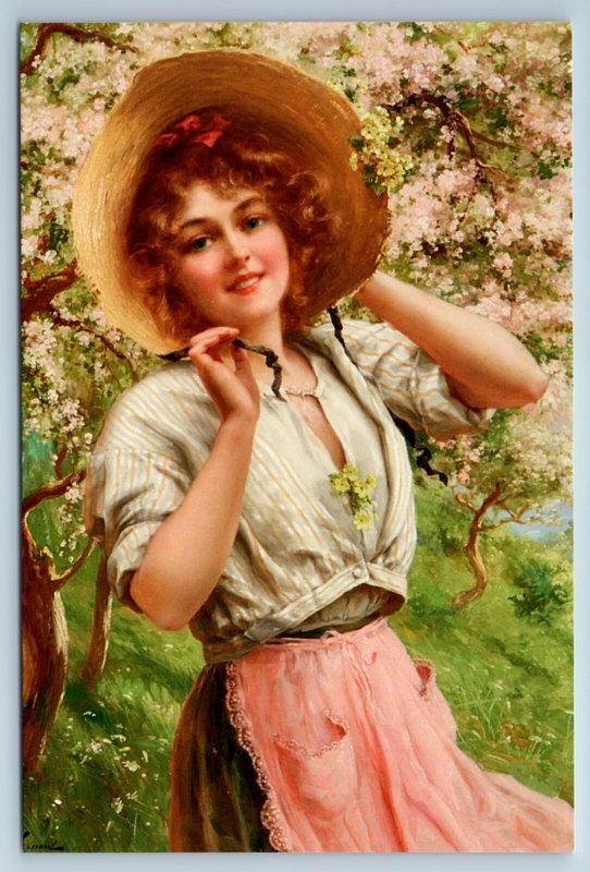 PRETTY LADY WOMAN in Bloom Summer Garden Romantic by Emile Vernon NEW Postcard