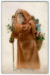 Saint Nicolas Brown Robe Santa Claus Sack Of Toys RPPC Photo Vintage Postcard