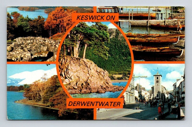 Keswick On Derentwater Multiview Ashness Bridge Boat Landings Postcard PM Cancel 