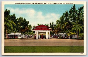Naples Florida~Naples Tourist Court~Gas Pumps~Roadside Cottages~1940s Linen PC