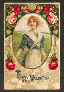 VALENTINE HOLIDAY SCHMUCKER WINSCH WOMAN HEARTS ROSE SILK INSERT POSTCARD 1913