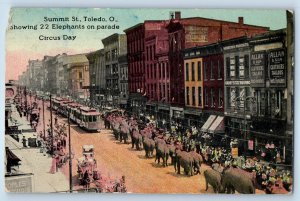 1914 Toledo Ohio Postcard Summit St. Showing 22 Elephants Parade Circus Day