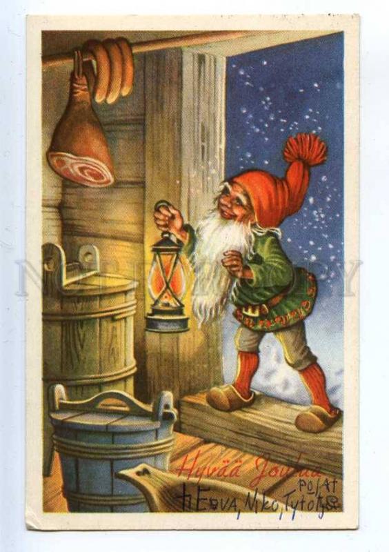 206832 NEW YEAR Hungry GNOME Dwarf w/ Lantern Old postcard