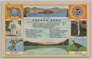 Linen~Oregon Song~Crater Lake~State Seal Flag~Capitol~Mt Hood~Bird~Flower~Vtg PC