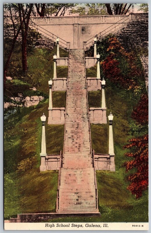 Vtg Galena Illinois IL High School Steps 1930s Linen View Old Postcard