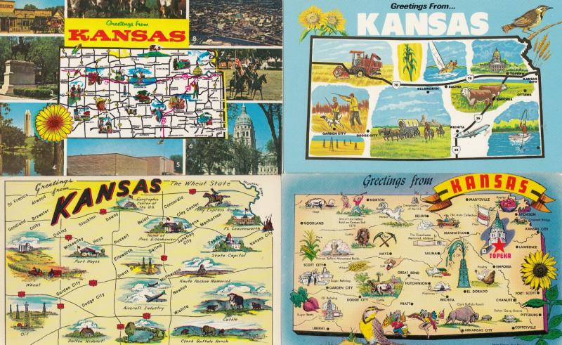 Kansas 4x Horse Race Birds Map Postcard s