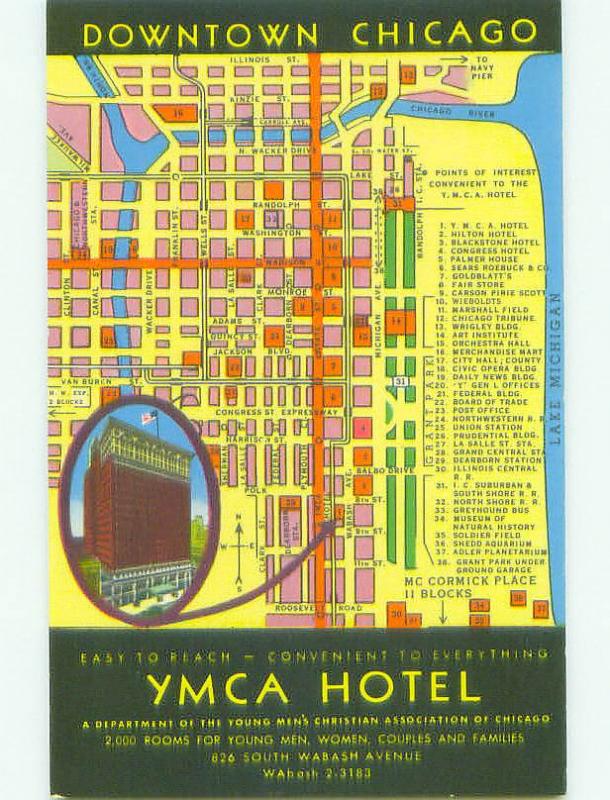 Chrome POSTCARD WITH CITY STREET MAP & YMCA HOTEL Chicago Illinois IL hr6669@