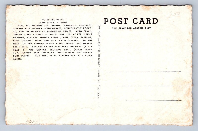 J93/ Vero Beach Florida Postcard c1940s Hotel Del Prado  183
