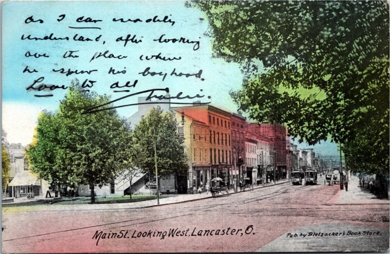 Postcard OH Lancaster Main St. Looking West Coca Cola Sign Street View 1912 B4