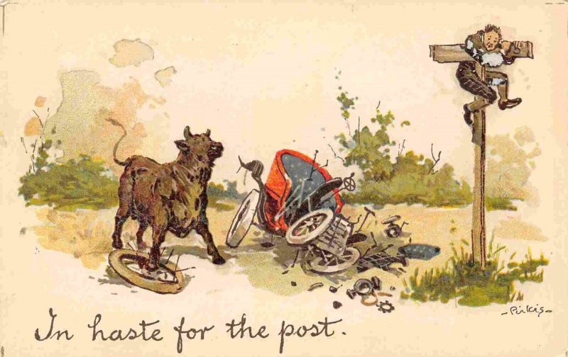 In Haste for The Post Bull Car Accident Man Pole artist signed Pirkis postcard