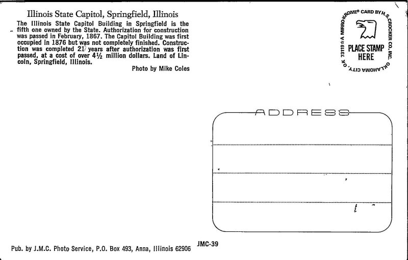Illinois State Capitol Springfield IL Postcard PC80